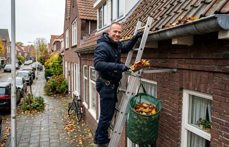 Glimlachende dakgootreiniger op een ladder schept herfstbladeren uit de zinken dakgoot van een Nederlands rijtjeshuis