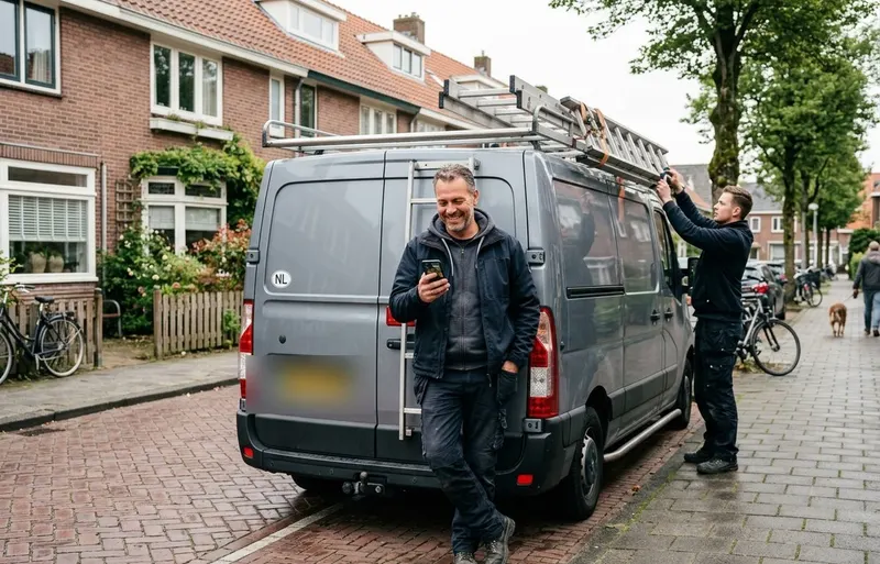 Twee vakmensen bij hun bus in een Nederlandse straat; een van hen leest lachend een nieuwe klusaanvraag op zijn telefoon