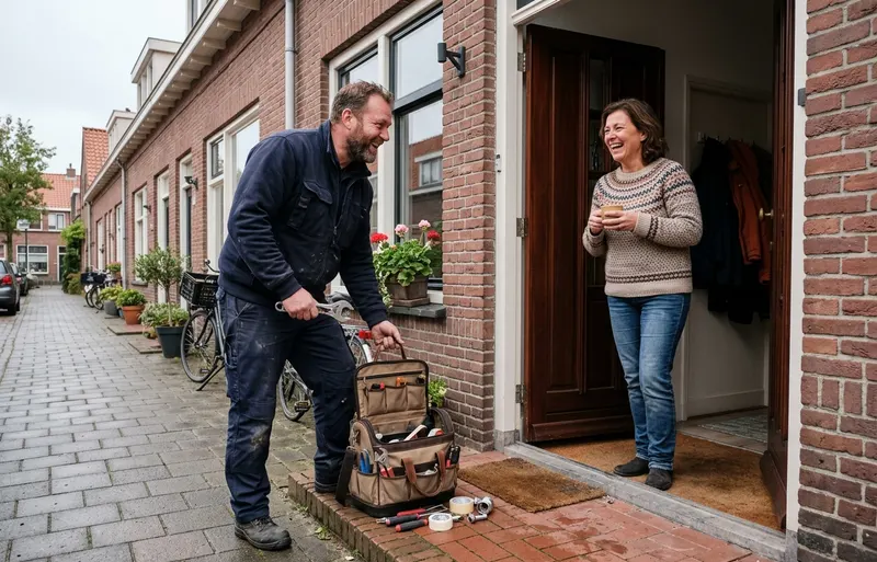 Loodgieter pakt lachend zijn gereedschapstas in bij de voordeur terwijl de bewoner met een kop koffie meelacht